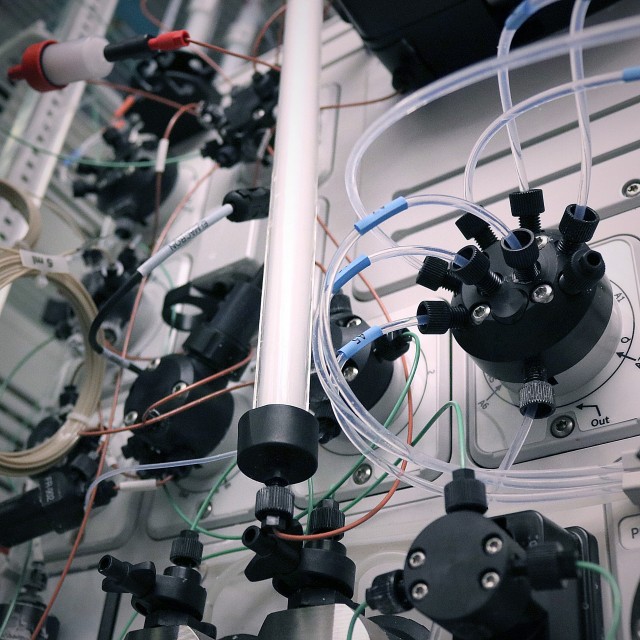 Close-up of fluidic valves on a GE Akta chromatography unit