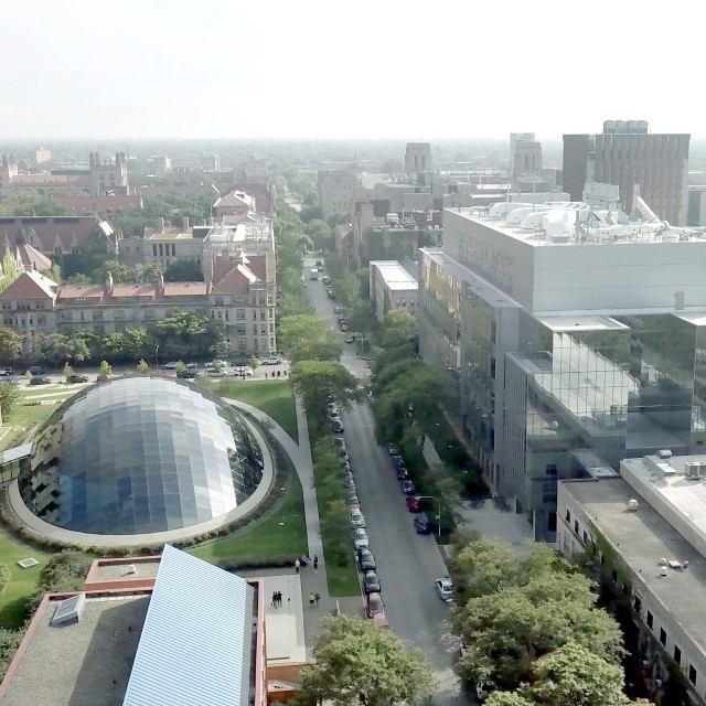 Drone shot of the Eckhardt Research Center and Mansueto Library, looking south from along Ellis Ave