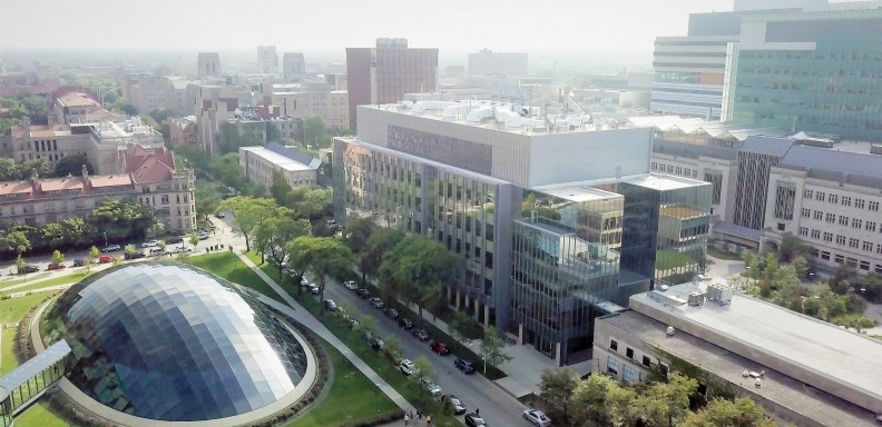 Photo of the Eckhardt Research Center, from a drone oriented southwest towards the medical center